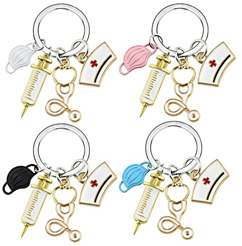 SUNSK Krankenschwester Schlüsselanhänger Arzt Krankenschwester Geschenke Krankenschwester Keychain Krankenschwester Zubehör mit Spritze Krankenschwester Kappe und Stethoskop 4 Stück