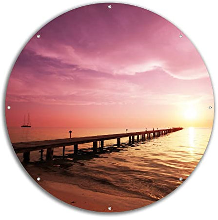 Wallario rundes Outdoor-Poster für Garten oder Balkon Auf dem Weg zur Sonne Steg am Meer, Motivbanner 60 cm Durchmesser