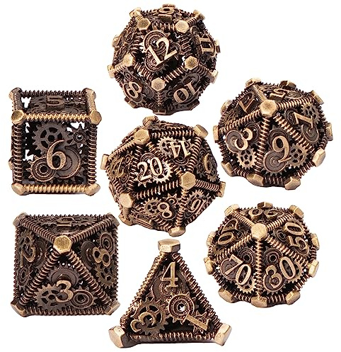 UBEUCK 7-teiliges DND-Würfel-Set, Dungeons and Dragons Würfel und mechanische Getriebewürfel, einzigartiges Metallwürfel-Set, Steampunk-polyedrische Würfelspiele, Set für RPG, MTG, Pathfinder (Bronze