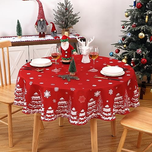 CAROMIO Tischdecke Rund Weihnachten Dekoration für Esszimmer Tischtuch Wasserabweisend Tischwäsche abwischbar Tischdecke mit Schnee abwaschbare Tischedeke für Küche,Rot Round,152cm