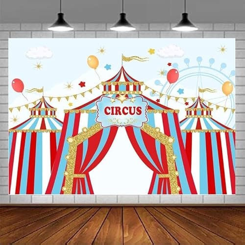 Bleu Ciel Rouge Blanc Cirque Thème Photographie Toile de Fond Carrousel Grand Chapiteau Tente Photo Fond Baby Shower Enfants Fête d’Anniversaire 300x200