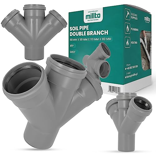 Millto™ Abflussrohr Doppelabzweig 110x110x110x110 45º Grau Abfallsystem Muffe Abwasserrohr Kanalisationsanschluss Verbindungsstück für Abwasserkanalisation Polypropylen