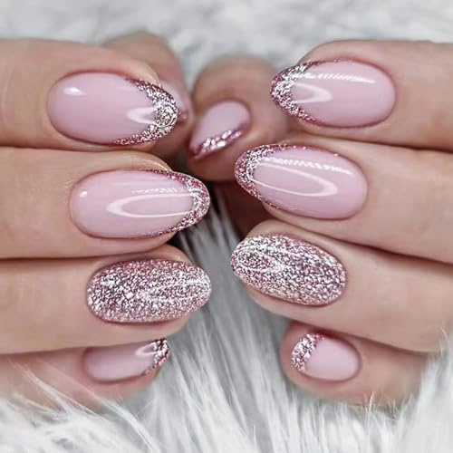 Ceboic 24 Stück Nägel Zum Aufkleben Mandel Kurz, French Press on Nails Soft Gel Künstliche Nägel, Nude Rosa Glitzer Acryl Fingernägel zum Aufkleben Oval Kunstnägel Fake Nails für Frauen und Mädchen
