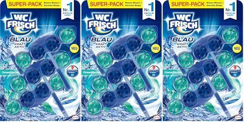 WC FRISCH Kraft Aktiv Blauspüler Ozeanfrische (150 g), WC Reiniger mit innovativer Geruchs-Stopp-Formel, Duftsteine für extra Frische und eine sichtbare Reinigung (Packung mit 3)