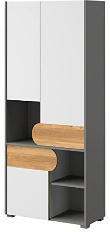 MINIO go for it - Kleiderschrank 80 cm Carina 2, Schrank 3 Türig, für Jugendzimmer, Farbe: Nash Eiche/Weiß/Hellgrau