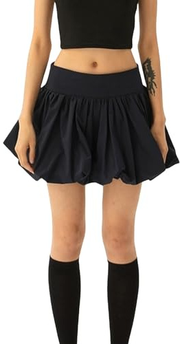 Owegvia Minigonna da donna a bolle casual tinta unita elastica in vita gonna da spiaggia vacanza gonfia gonna corta a palloncino a trapezio, Nero , S