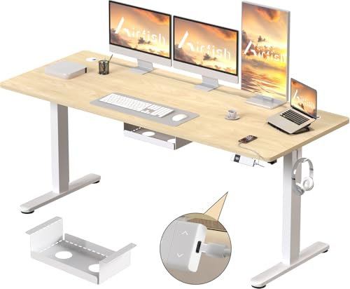 Airfish Elektrisch höhenverstellbarer Schreibtisch 160 x 80 cm mit Typ-C-Ladeanschluss, Elektrischer Schreibtisch mit Kabelmanagement und 3 Memory-Höhen (Beige, 160 x 80 cm)