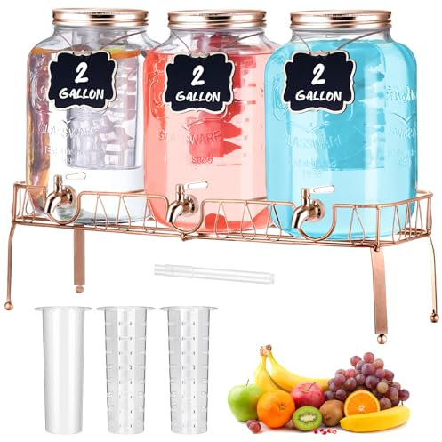 Lallisa 3 Pcs 2 Gallon Glass Drink Dispenser with Stand and Lid Mason Jar Beverage Dispenser with Stainless Steel Spigot, Hanging Chalkboard Signs, Fruit Infuse, Ice Cylinder, Liquid Pen (Rose Gold)