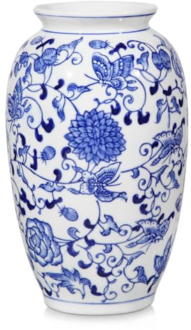 Oairse blå och vit vas, blå keramisk vas för heminredning 22,6 cm chinoiserie vas för blommor blå och vit porslin blomvas för vardagsrum, badrum, middagsbord bordsuppsatser