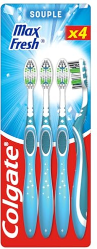 COLGATE – Cepillos de dientes Max Fresh – Suave – Aliento fresco – Ayuda a eliminar la placa dental – Juego de 4