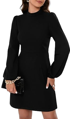 KOJOOIN Abito da Donna, Abito da Cocktail Elegante, Abito da Lavoro a Maniche Lunghe, Abito a Tubino, Lungo fino al Ginocchio, A-Linea, Vita Alta, Abito Avvolgente (Confezione Riutilizzabile), Nero