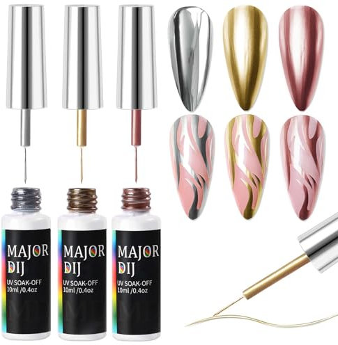 3PCS Gel Liner Nail Art Kit - Metallic Nail Polish Set - Nail Art Liner Gel Nail Polish - Silver Gold Pink Mirror Manicure Painted Nail Design Built-In Thin Brush for Swirl Nail Draw