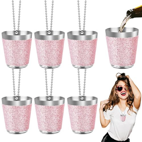 Begpoee 6 Piezas Vasos de Chupito de 30 ml de Acero Inoxidable Rosa, Vasos de Chupito para Colgar, Para Celebraciones de Bodas, Carnavales y Fiestas al Aire Libre(4,2 x 3,7 cm, Rosa + Plata)