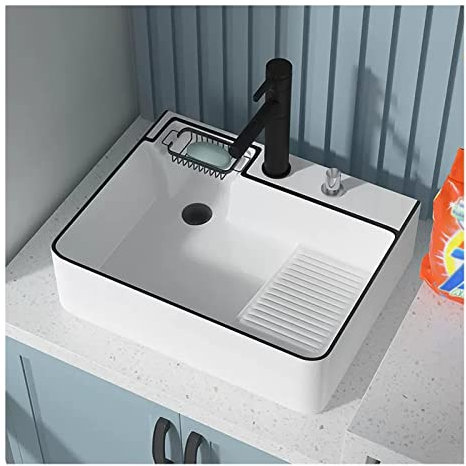 GLJTUO Vasque De Salle De Bain Rectangulaire, Vasque À Poser en Céramique, avec Robinetterie, Corps Blanc Et Garniture Noire sur Le Dessus,White-51.5x40.5x15cm