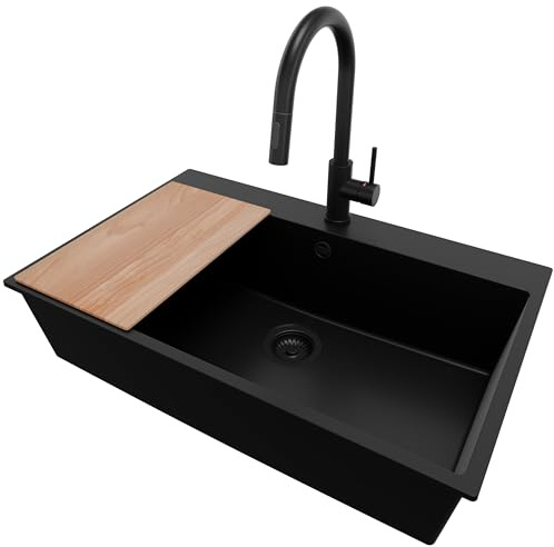 PRIMAGRAN Lavandino da Cucina al Mobile 80cm + Rubinetto, 78x50cm | Set: Rubinetto BW9010 + Kit di scarico + Tagliere + Lavello in Granito a 1 Vasca - Riga, Tutto Nero