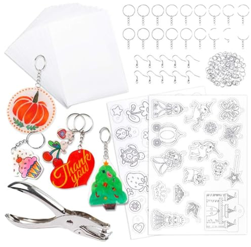 HABNI 148 Stück Schrumpffolie Set Schrumpfplastik Set nthält Schrumpfkunstpapier, Locher, Ohrhaken und Schlüsselanhänger für DIY