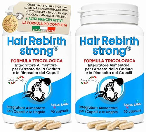 HAIR REBIRTH STRONG * 180 capsule * la Migliore Cura per i Capelli * Nuova Etichetta * Formula Tricologica: Cheratina Biotina Cistina Calcio D Vitamina B * Blocca la Caduta e fa Ricrescere i Capelli