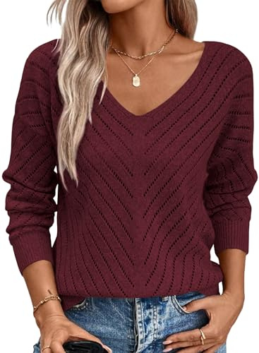 Razzlebelle Maglione a Maglia Donna Bordeaux Autunno Fina Moderno Abbigliamento Leggero Pullover 2026 Coste Traforato