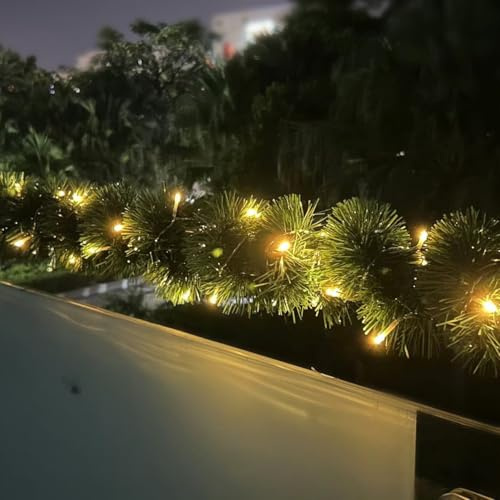 5m/10m Weihnachtsgirlande mit Beleuchtung und Timer, Girland Tannengirlande Weihnachtsdeko, Tannengrün Christmas Garland Weihnachten Outdoor Treppe Balkon Fenster Kamin Deko Aussen (5m)