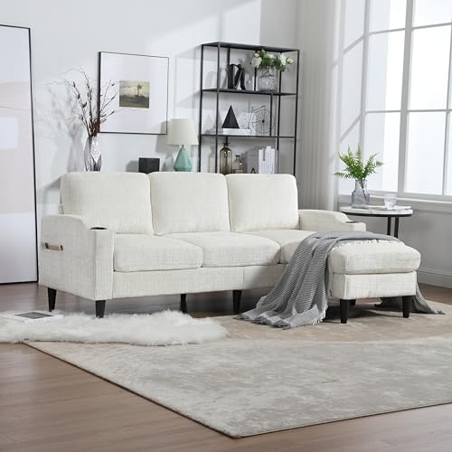 Merax 3-Sitzer Sofa Ecksofa L-Form mit Polsterhocker (inkl. Stauraum), Samtstoff-Couch klein mit bequemen Armlehnen, Getränkehalter & Seitentaschen – für Wohnzimmer/Schlafzimmer/Wohnung, Beige