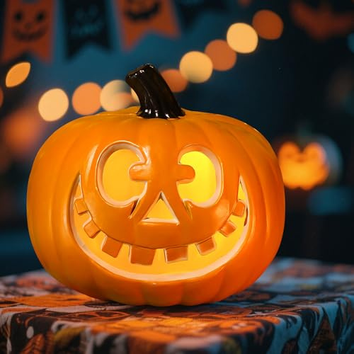 Halloween Deko Kürbis Laterne mit LED Licht, LED Kürbislaterne, Halloween Kürbis Licht Deko Außen Innen, Kürbislicht Beleuchtet, Kürbisse Lampe, Herbstdeko Outdoor Indoor Party Garten Windlicht (C)