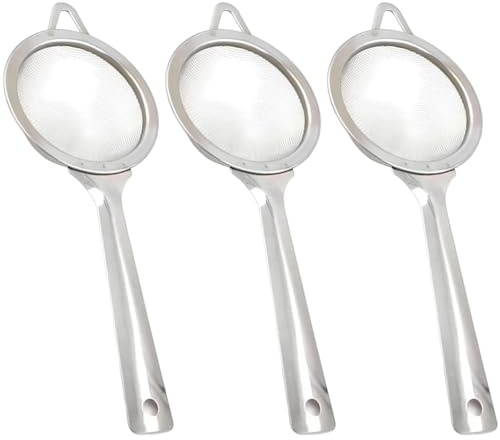 3PCS Small Sieves Tea Strainers Fine Mesh with Handle Easy to Clean Stainless Steel Sieve Sift Mini Sieve for Loose Tea Coffee Cocktail Spices Powder Sieving