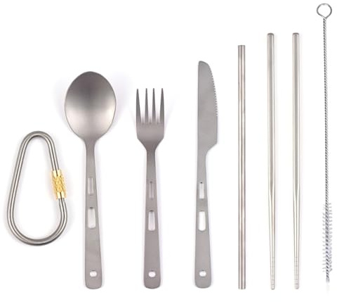 Alomejor Set di Posate Portatili Ti Resistenti All'usura per la Scuola di Pesca da Picnic con Borsa con Coulisse (Set da 4 pezzi)