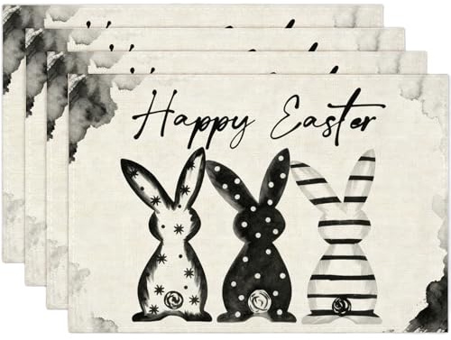 Luzzxfa Schwarz Kaninchen Ostern Platzsets 4er Set, 32x45 cm Frühling Xmas Tischset Waschbar Platzdeckchen Küche Party Deko