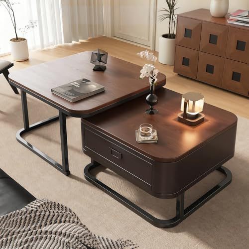 Nesting Coffee Tables Set of 2, Coffee Tables with Storage Drawer, Modern Centre Table with Walnut Grain Tabletop and Metal Frame Legs for Living Room, Office, Apartment