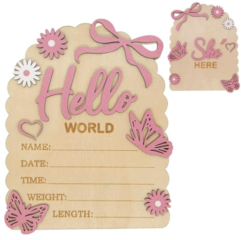 Rosa födelseskylt med rosett, söt tillkännagivande skylt för ny baby Hello World dekorationer tillbehör, fotorekvisita dubbelsidig lämplig för nyblivna mammor