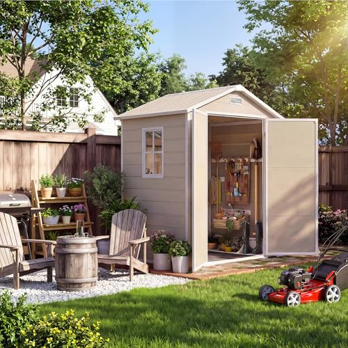 Plastic Outdoor Storage Shed with Floor & Window, Resin Garden Shed for Patio, Lawn Mower, Bike & Tool, Outdoor Storage with Lockable Door & 2 Vents & Sloped Roof (Light Brown)