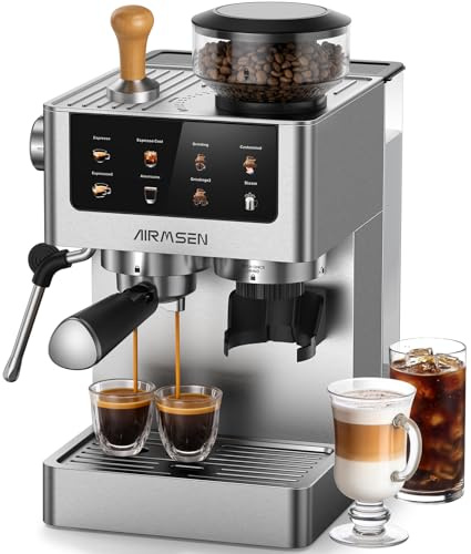 AIRMSEN 20 Bar Siebträgermaschine mit Kegelmahlwerk & Milchschäumer, 1.8L Wassertank, Edelstahl Espressomaschine Kaffeemaschine für Americano, Cappuccino und Latte