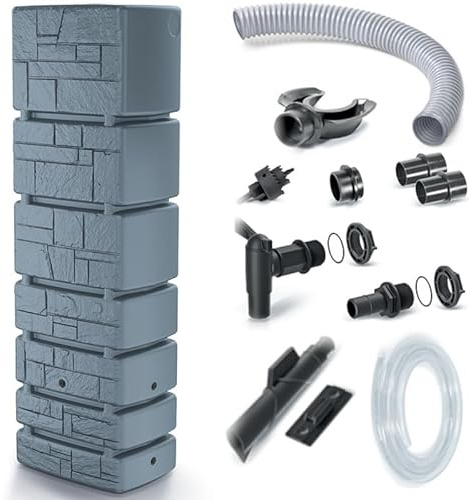 EMIX24.DE Regentonne 350L, Grau, mit Deckel, Wasserhahn und Zubehör-Set, Robuster Regenwasserspeicher für Garten und Bewässerung
