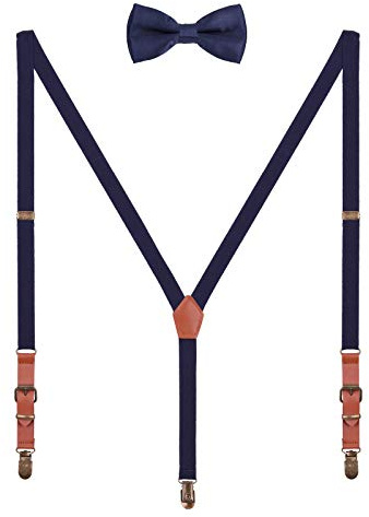 WANYING Herren 2cm Hosenträger Fliege Sets - PU Leder 3 Retro Messingartige Clips Y Form Hosenträger Elastisch Verstellbar für Körpergröße 140-190cm