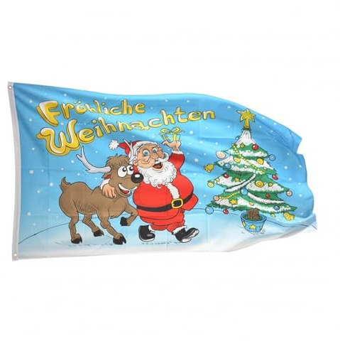 Flaggenfritze Fahne Weihnachten 90x150 cm mit 2 Metallösen, Flagge Fröhliche Weihnachten, wetterbeständig, Polyester, doppelt genäht, Weihnachtsflagge Deko