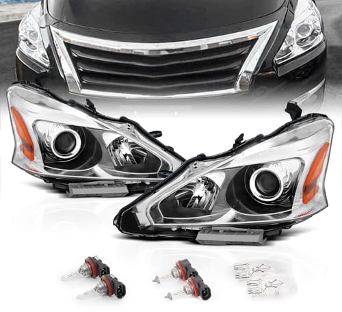 AmeriLite for 2013-2015 Altima 4Dr Sedan Projector Chrome Housing Halogen Replacement Headlights Assembly Pair - Driver and Passenger Side