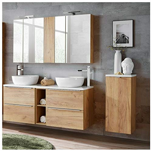 Naka24 Badmöbel Set Capri-B Eiche Gold 140 cm mit 2 Waschbecken LED Soft - Close (Waschtisch Spiegelschrank Unterschrank)