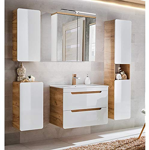 Lomadox Badmöbel Komeplett-Set, Hochglanz weiß mit Wotan Eiche Nb., 80 cm Waschtisch-Unterschrank mit Keramik-Waschbecken, LED-Spieglschrank