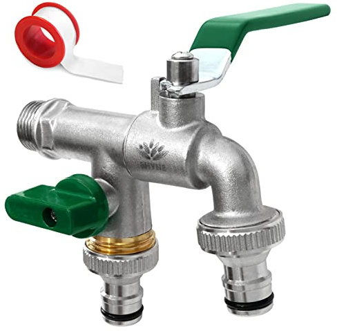 SHYNE Premium 1/2 Zoll Doppel-Wasserhahn aus Messing rost-, und frostsicher + 2X Gratis Schlauchanschlüsse + PTFE Band + Ebook | für Garten, Waschmaschine, Regentonne (2er Pack)