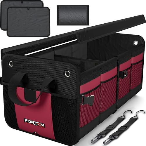 FORTEM Kofferraum Organizer, Kofferraumtasche, Zusammenklappbarer Auto Organizer Kofferraum mit Fächern, Rutschfester Boden, Verstellbare Sicherungsriemen, Klappbarer Deckel (65L)
