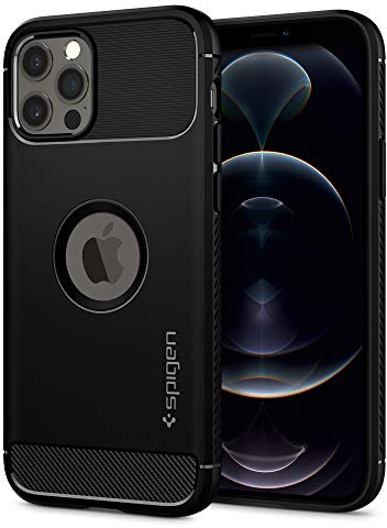 Spigen iPhone 12/12 Pro Hülle Rugged Armor -Matte Black | Carbonfaser Muster, Sicherer Grip, Air Cushion Tech, Military-Grade Schutz