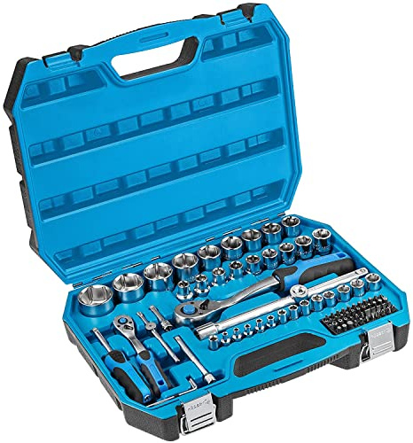 Högert Technik Kit d'outils I Clé à douille, embouts et accessoires I 1/4 et 1/2 I Acier Cr-V allié I Forgé I Mécanisme à cliquet avec 72 cliquets de verrouillage I HT1R424-89 pièces
