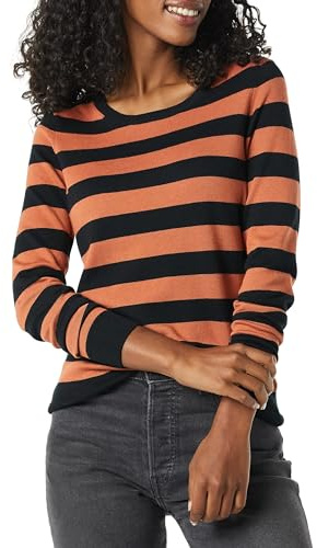 Amazon Essentials Maglione Girocollo Leggero A Maniche Lunghe (Taglie Forti Disponibili) Donna, Nero Caramello Righe da Rugby, M