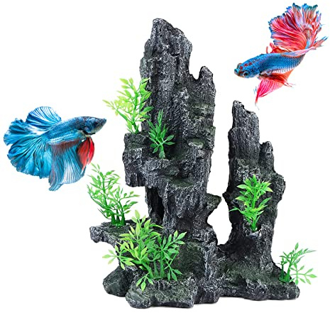 Mairuker Großes Aquarium mit Blick auf die Berge, Moos, Baum, Felsen, Höhle, Dekoration, 28 cm hoch, Aquarium-Dekoration mit kleinen künstlichen Pflanzen, Aquarium-Steinornament für Betta Pleco