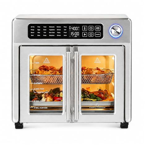 Emeril Lagasse Extra Large French Door Air Fryer Toaster Oven Combo, 24 Cooking Functions and Digital Controls, 7 Accessories Included, Stainless Steel Finish, 26QT Capacity