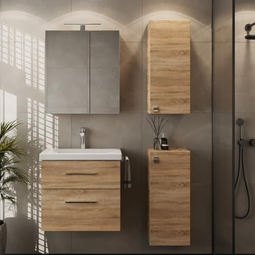 Planetmöbel Badmöbel Set Waschtisch mit Unterschrank | 63 x 60 x 36,5 cm, Spiegelschrank 60 cm mit LED-Leuchte (chrom) & Steckdose, 2x Midischrank, moderne Badezimmer Möbel, Sonoma
