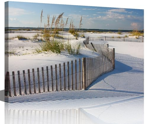 TISHIRON Sand Dune Canvas Art Seaside Fence Seascape Prints for for Living Room Bedroom Beach Painting Framed Wall Art Coastal Landscape Room Decorations Artwork Ready to Hang (12X18in)