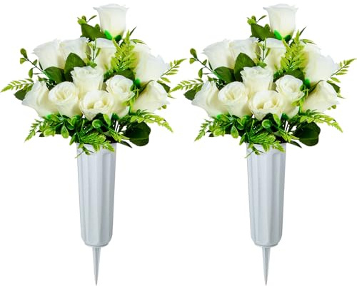 XONOR Artificial Cemetery Flowers, Set of 2 Artificial Rose Bouquet Grave Memorial Flowers with Vase for Cemetery Headstones Decoration (White)