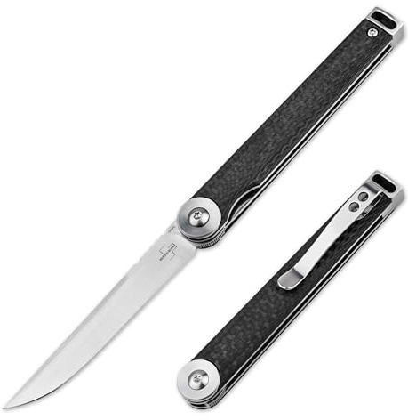 BÖKER PLUS® Kaizen Carbon Fiber S35VN - Tanto Taschenmesser japanisch - Gentleman Messer mit Flipper Klinge - leichtes EDC Klappmesser mit schwarzem Kohlefaser Griff -Einhandmesser mit Clip & Etui