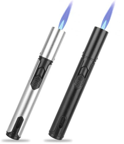 Gas Mechero 2 Paquetes Mechero Soplete Recargable a Butano, a Prueba de Viento Encendedor de Palo Largo para Velas, Cocina, Camping, Barbacoa, Chimenea. (Vendido sin Gas) (Negro+Plata)